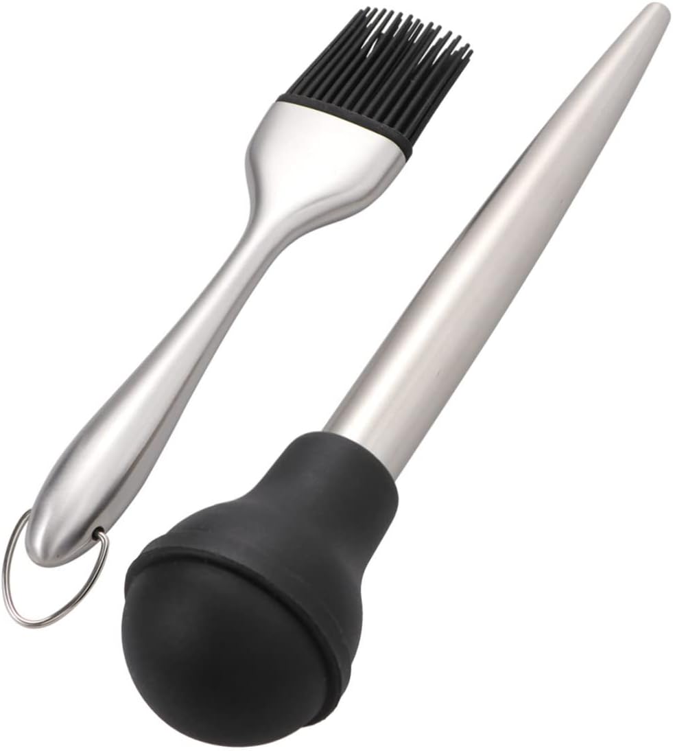 Garneck 304 Stainless Steel Seasoning Brush Set Drip Oil Tube Silicone Pump Turkey Baster for Meat Flavoring