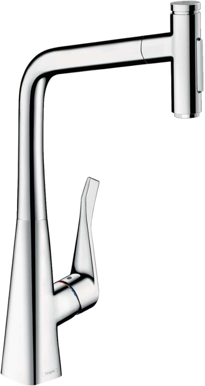 hansgrohe 73816000 M7117-H320 Kitchen Tap, Hose Box, Selectable Swivel Range, Pull-Out Spray, Chrome, Spout height 32 cm