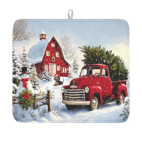 Giwawa Red Truck Dish Drying Mat Winter Xmas Tree Drainer Rack Pad 16"x18" Microfiber Absorbent Quick Dry Dish Sink Mat for Table Kitchen Counter