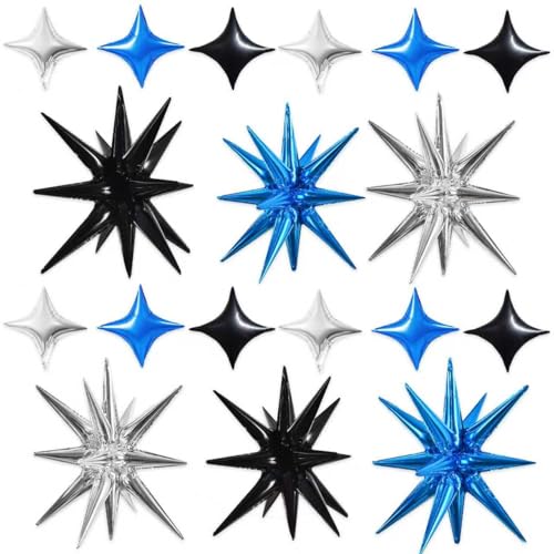 Image of TONIFUL 22Inch 18Pcs Black Blue Silver Explosion Star Mylar Balloons and 10Inch Four Pointed Star Balloons Set for Christmas New Year Birthday Wedding Bridal Shower Anniversary Photo Booth Supplies