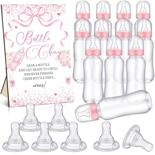 TrelaCo Cool Baby Shower Games Bottle Chug Sign and 12 Pcs Baby Bottle Shower Favor Baby Bottles for Baby Shower Games Gender Reveal (Pink Bow)
