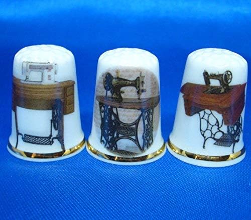 Porcelain China Collectable - Set of Three Thimbles - Treadle Sewing Machines