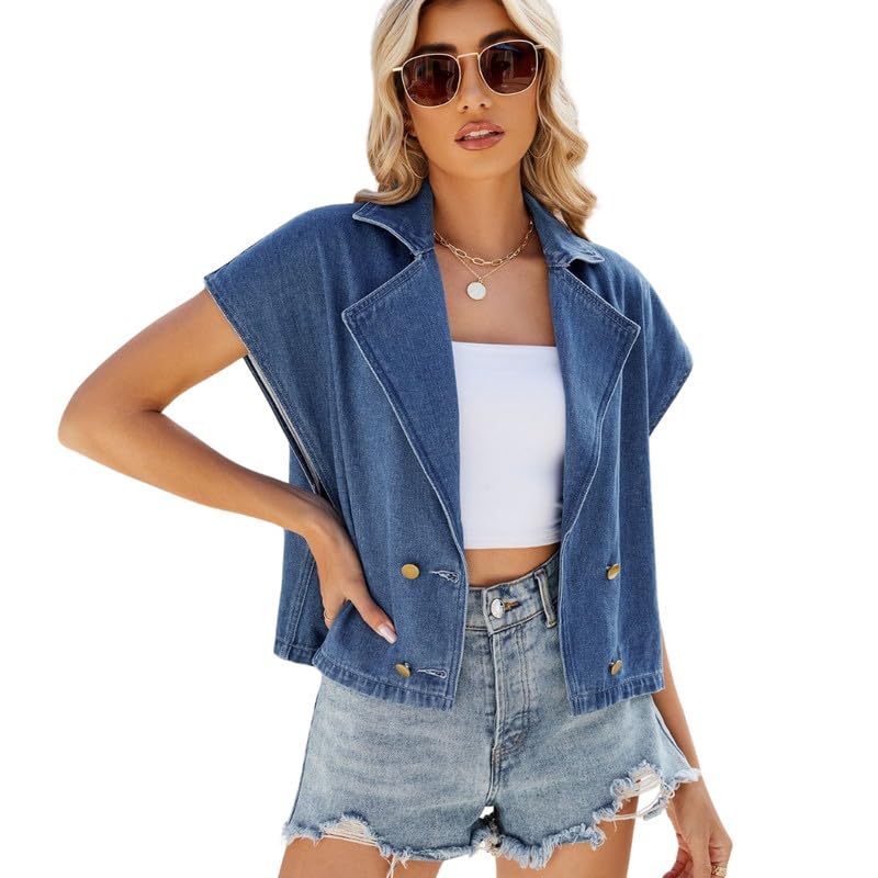 Women's Washed Suit Collar Vest Top Sleeveless Button Front Casual Layer for Fully Compliant|Blue-S-image-17