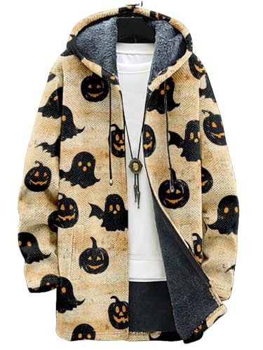 DMOYALA Cárdigan largo con capucha para hombre, chaqueta de forro polar con cremallera completa, suéteres de punto con capucha y bolsillo, Calabaza Caqui, 4X-Large