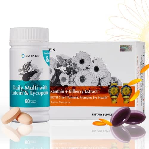 DAIKEN Bundle of Multivitamin Complex Daily Nutrition Support Supplement with FloraGLO Lutein Softgels w/Zeaxanthin, Omega-3, Marigold Flower Extract & Maqui Berry Oil, Eye Supplement for Men & Women