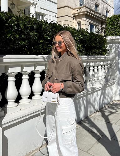 Faleave Women's Cropped Bomber Jacket Casual Street Button Down Varsity Jacket with Two Big Pockets3