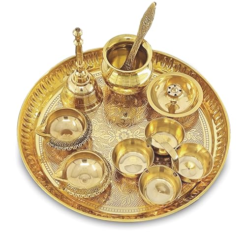 Image of BENGALEN Brass Pooja Thali Set 8 Inch Puja Thali with Pital Plate Kalash Haldi Kumkum Stand Dhup Dan Kuber Diya Ghanti Palli Arti Thali for Diwali Home Office Mandir Wedding Return Gift Items