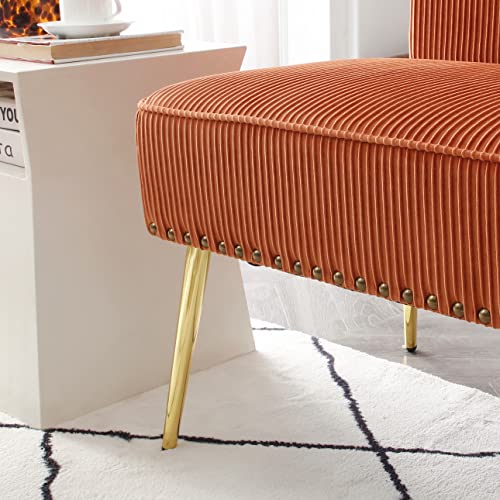 46.5" Width Modern Upholstered Pleated Velvet Loveseat Sofa Tufted Dining Bench Office Loveseat Couch Armless Mid-Century Settee Luxury 2 Seater Sofa With Golden Legs For Living Room Bedroom (Orange) #TOP25