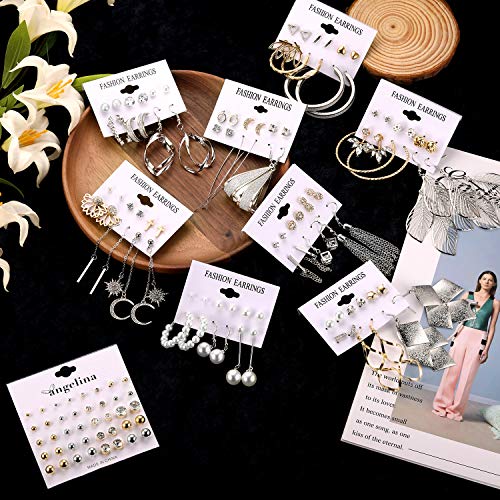Fashion Earrings For Women Girls, Funtopia 68 Pairs Drop Dangle Earrings, Statement Stud Earrings Pearl Earrings Set For Party Jewelry Gift (Gold And Silver) #TOP4
