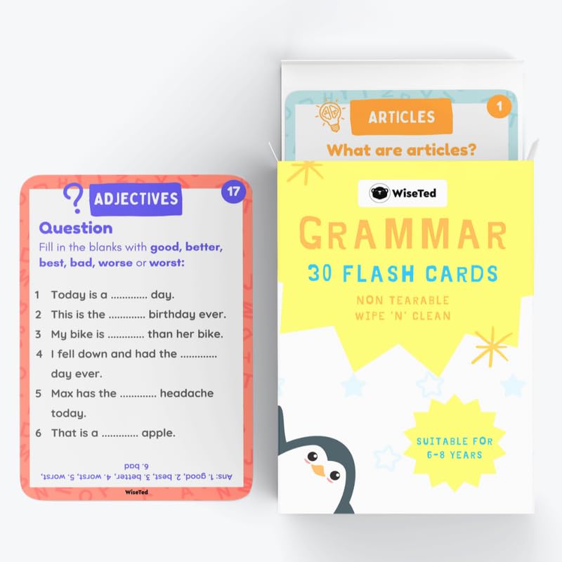Wise Ted Grammar (6-8 Years) Wipe n Clean Flash Cards - 30 Cards | Reusable English Learning Cards for Kids | Interactive Grammar Practice Flashcards Set (B0D22SXKCK) Amazon Price History, Amazon Price Tracker