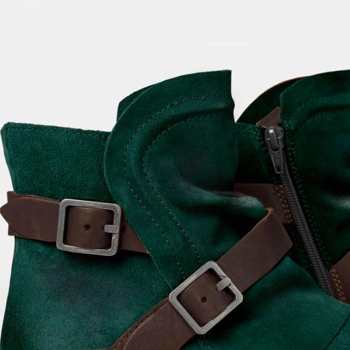 SHODENSE Women Vintage Low Stacked Heel Slouch Western Booties Round Toe Suede Combat Ankle Boots Side Zipper Burnished Short Riding Boots Pleated Buckle Strap Fall Winter Boot Fashion Comfy 4-11 M US