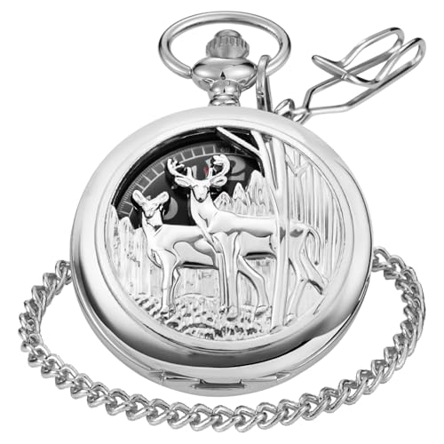 Reloj de bolsillo para hombre con doble ciervo plata y esfera negra Deer-03 2