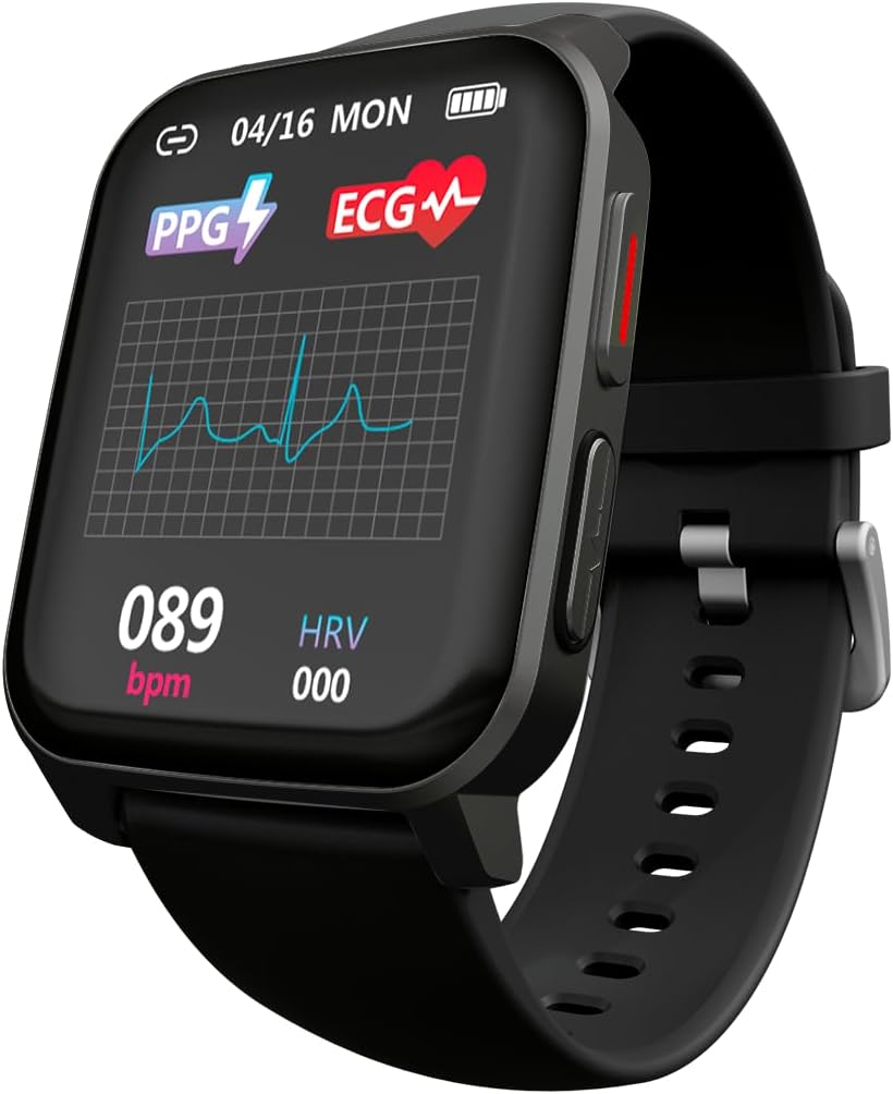Close-up of the Tech Feel Smartwatch screen showing an ECG waveform and heart rate (BPM) reading.