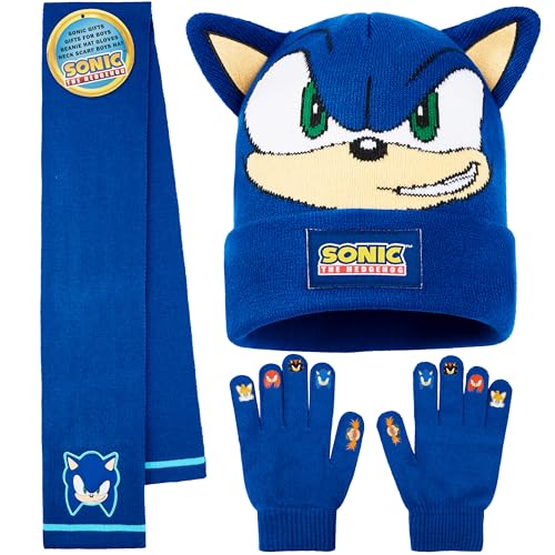 Sonic The Hedgehog Conjunto Bufanda Gorro y Guantes Niño, Accesorios de Invierno Cálido para Fans, Regalo para Gamers (Azul Sonic 3 Pcs)