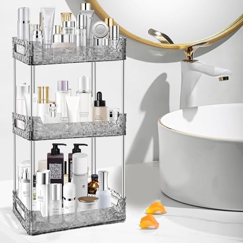 Image of 3-Tier Bathroom Counter Organizer Countertop Storage, Dresser Organizer Vanity Tray for Makeup, Perfume Organizer Cosmetics Skincare Shelf - Grey