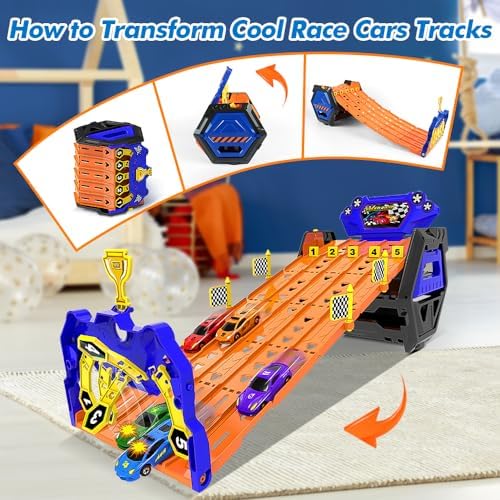 VATOS Upgraded 5 Tracks Transport Truck, Toy Cars for Boys Age 3 4 5 6 7 8, Portable Race Truck Toy Car with 5 Cars, Carrier Truck Vehicles Set for Children