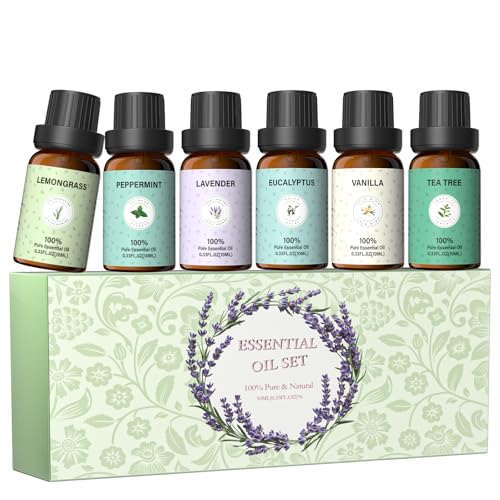 Essential Oil Set, 100% Pure and Natural Essential Oils, Aromatherapy Fragrance Oil Set, Lavender, Eucalyptus, Lemongrass, Tea Tree, Vanilla, Peppermint for Diffuser, Home Care, Candle Making (6 x 10 ML)