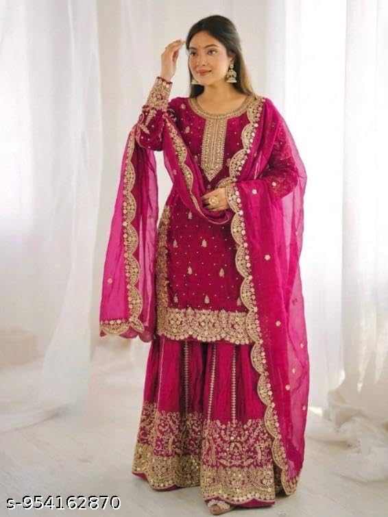 Image of Women's Casual Salwar Suit Pure Heavy Fendy Silk With Embroidery Sequence Work Full Sleeves Salwar Suit With Dupatta.Women's Ethnic Wear