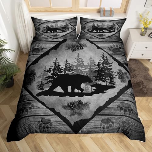 Lodge Cabin Toddler Duvet Cover,Black Bear Pine Trees Decor Bedding Sets for Kids Teens Adults,Wild Animal Paw Print Retro Wooden Stripes Farmhouse Comforter Cover with 1 Pillowcase(No Comforter)2 Pcs