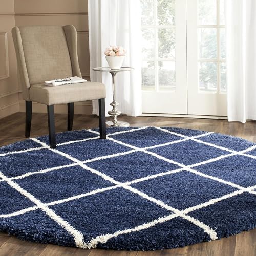 Image of Modern Shaggy Round Rug | Ultra-Soft Plush Circle Carpet for Living Room, Bedroom, Nursery | Fuzzy, Fluffy Area Rug with Non-Slip Base Blue B 5x5 feet