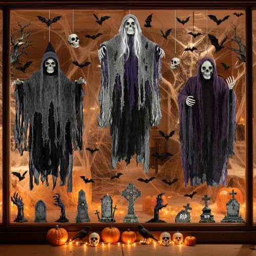 54 PCS Large Halloween Decor, Grim Reaper Halloween Window Clings for Home - image 7
