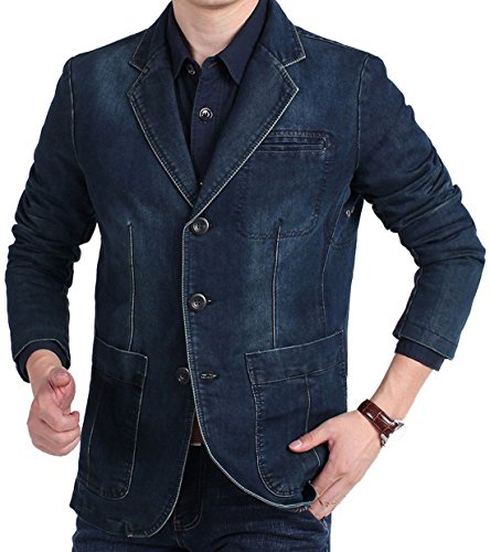 chouyatou Men's Classic Notched Collar 3 Button Tailoring Distressed Denim Blazer Jacket3