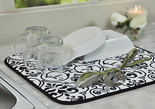 Image of Microfibre Drying Mat for Kitchen Dish Drying Drainer Mat Absorbent Drying Mat Washing Up for Glass, Plate & Cup 16inch x 18inch 2 Pack (Black Leaf)