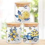 JarThenaAMCS 3Pcs Lemon Floral Glass Storage Jars with Airtight Lid Yellow Lemon Blue Leaves Tiles Decorative Candy Canisters Sets for Spring Summer Farmhouse Home Kitchen Countertop
