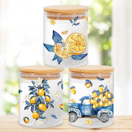 JarThenaAMCS 3Pcs Lemon Floral Glass Storage Jars with Airtight Lid Yellow Lemon Blue Leaves Tiles Decorative Candy Canisters Sets for Spring Summer Farmhouse Home Kitchen Countertop