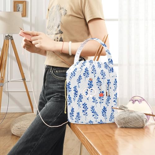 Image of Tatenale Crochet Bag Yarn Bag Knitting Project Bag with Pockets and Handle Portable Yarn Storage Organizer Tangle Free 8.3x11 InchSmall Bluebonnet Flower26