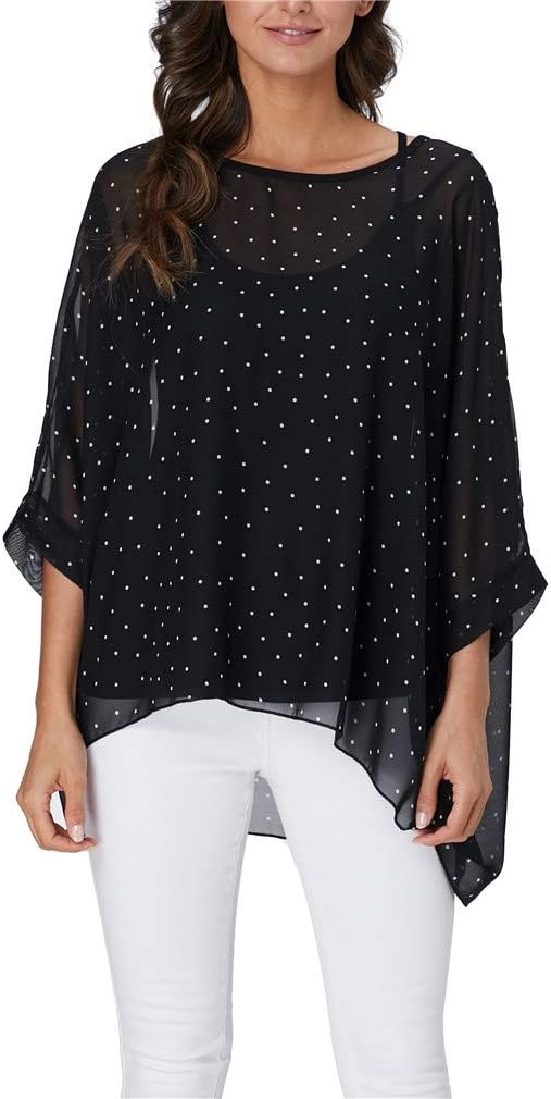 Womens Summer Printed Batwing Sleeve Top Chiffon Poncho Casual Loose Sheer Blouse Shirt