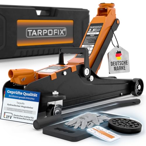 Tarpofix Wagenheber 2 5t hydraulisch (85-380 mm Hubhöhe) | Premium-Komplettset Rangierwagenheber 2 5t mit Koffer | Hydraulischer Wagenheber flach für SUV & tiefergelegte Autos | Orange