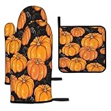 Fall Oven Mitts and Pot Holders Sets of 3, Orange Pumpkins on Black Cream Heat Resistant Kitchen Gloves Hot Pads for Cooking Baking BBQ, Kitchen Decor Gifts for Cooking Lover Cooks
