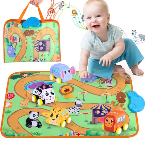 New Pull Back Vehicle & Music Mat Set, Soft Baby Toy Set with 4 C...