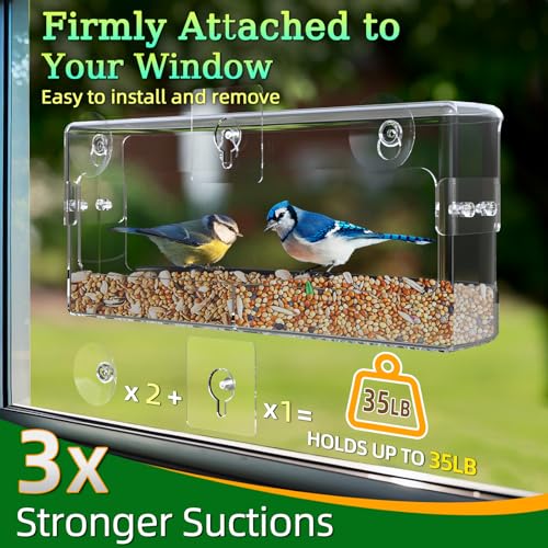 Ermete Window Bird Feeder with Strong Suction Cups, Large View Clear Feeder, Seed Tray, 13in x 5.5in x 4.2in for Outside Weather Proof (Style 1) - Thumbnail 3
