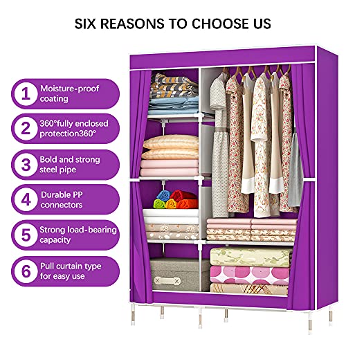 Qumeney Wardrobe Storage Closet, Portable Clothes Standing Shelves Organizer, Extra Strong And Durable Non-Woven Fabric Rack With Hanging Rods, Quick And Easy To Assemble (Purple) #TOP3