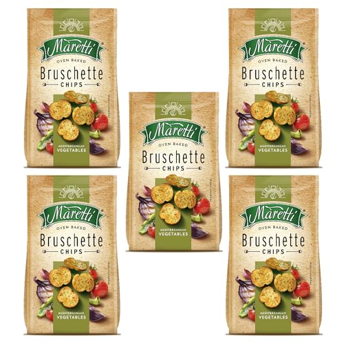 Maretti Bruschette Chips 70g | Italian Bagel Crisp Chips | 2 in 1 Snack | Freshly Oven-Baked Crispy Vegetarian Bites | GMO Free | Party Snacks Thin Bagels (Mixed Vegetables, 5 Pack)