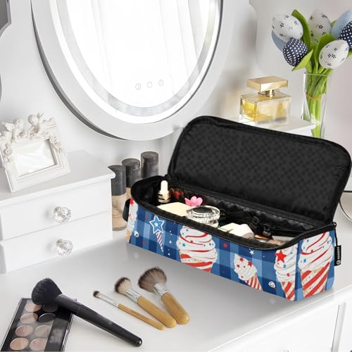 Organizador 2 en 1 para herramientas de cabello con tapete resistente al calor y bolsa de almacenamiento para planchas, rizadores y alisadores, diseño gingham azul con helado patriótico miniatura 7