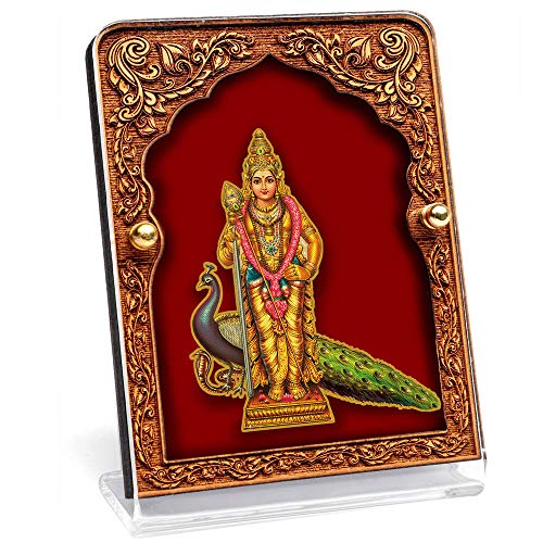 Image of Eknoor Wooden Mahal Velvet Murugan Kartikeya Ji Car Dashboard Frame | Gold-plated Murugan Kartikeya Ji foil on antique wooden mahal arch frame with red velvet backdrop - car, desk, puja ghar