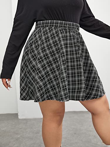 Romwe Women's Plus Size Plaid Skater Skirt Elastic High Waisted A Line Swing Short Skirts Black 1Xl #TOP2