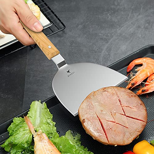Rivexy BBQ Accessory, Griddle Accessories Wooden 5 pcs Metal Spatula Set Stainless Steel for Blackstone with Bag, 2 Griddle Spatula, Griddle Scraper, Metal Turner, Spatula for Smash Burger
