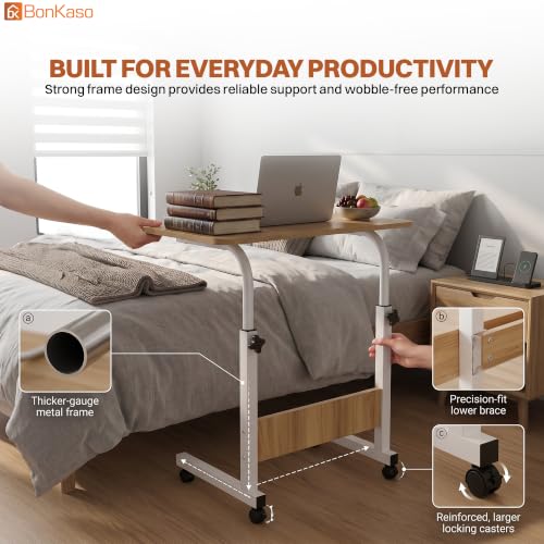 Image of BonKaso Height Adjustable Laptop Table with Wheels, Portable Rolling Computer Desk, Wooden Top, Lockable Casters, Mild Steel Frame, Multipurpose Bed Sofa Study Work Table for Home Office - Walnut