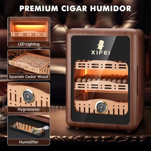 XIFEI Cigar Humidor, Cigar Humidor Cabinet for 150 Cigars, LED Lighting Desktop Humidor with Spanish Cedar Wood Shelves, Hygrometer & Humidifier, Men\'s Gift for Christmas Father\'s Day - Thumbnail 2