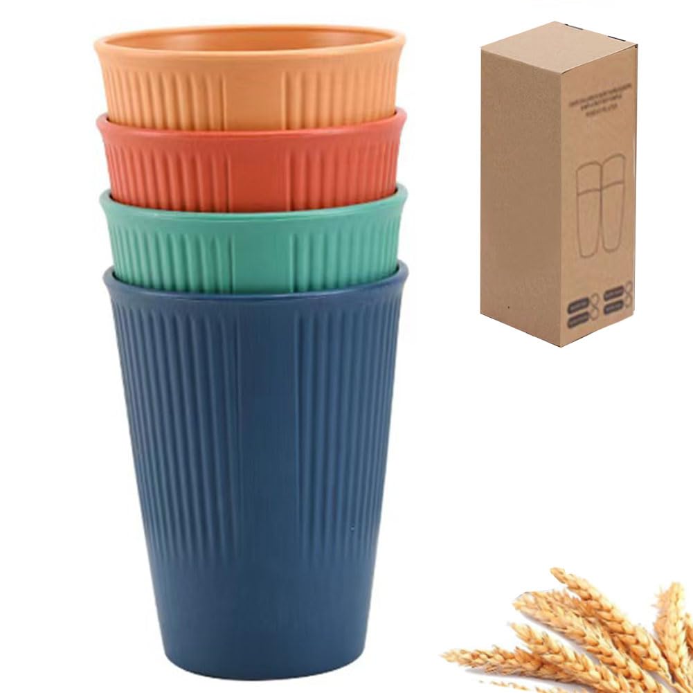 Wheat Straw Cups Plastic Cups Unbreakable Drinking Cup Tumbler Cups for Kitchen, Reusable Dishwasher Safe BPA Free Water Glasses Colorful 4 Pack (12 Oz) (Cups 4pack-12oz-Mutil Color)