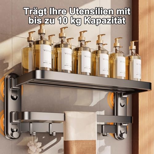 Groyells Extra Stabiler Handtuchhalter mit 4 Saugnapf, Wandmontierter Handtuchstange ohne Bohren, 90° Faltbar, 7 Haken, 60 cm Doppelschicht, Dunkelgrau