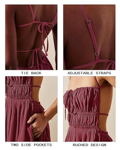 Image of VIUTIL Women Backless Flowy Dress Strap Tiered Long Dresses Summer Beach Sexy Vacation Sundress with Pockets Clothes 2026, (Burgundy, Medium)