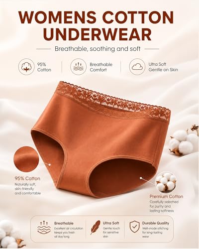 Image of UNDER THE SEA Cotton Underwear for Women High Waisted Lace Briefs Soft Breathable Womens Panties 5 Pack S-3XL