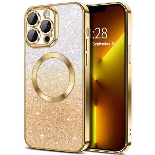 Hython for iPhone 13 Pro Max Case Clear Magnetic Glitter Phone Cases [Compatible with MagSafe] Full Camera Lens Protector Slim Gradient Sparkle Luxury Plating Shockproof Protective Cover Women, Gold -  HYHFJK13PMTMDDQCXYQGD