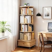 Five-Tier Rotating Bookshelf with Drawers, 360 Rotating Display, Wheels, Space-Saving, Floor-Standing Wooden Bookshelf and Storage Unit, Suitable for Apartments and bedrooms Yellow