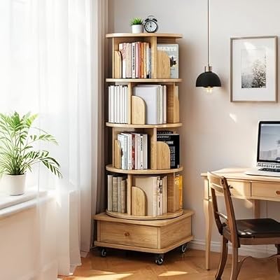 LOVEZOE 5 Tier Rotating Bookshelf, 360 Degree Round Spinning Bookcase with Wheels, Space Saving Storage Tower for Bedroom Living Room Home Office, Wood Color